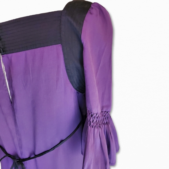 2B Bebe Purple Floral Mid Bell Sleeve Tie Back Square Neck Tunic Sz Small - Picture 4 of 8